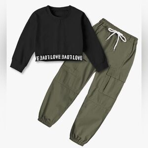 Girls Cargo Jogger Set w/ Cropped Black Long Sleeve Tee Size 13/14